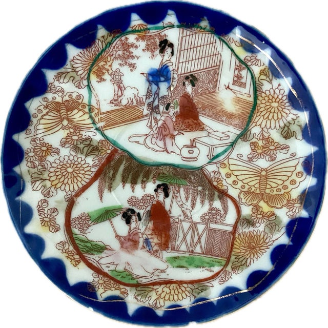 Ceramic 1920's Antique Asian Blue Japanese Chinoiserie Hand Painted Traditional Geisha Girl & Pagoda Plates & Small Bowls - A 23 Piece Set For Sale - Image 7 of 9