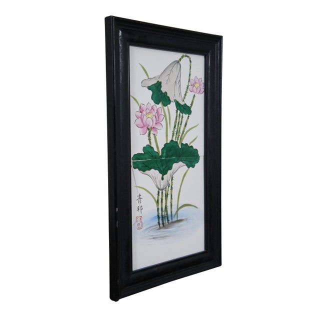 Chinese Mid 20th Century Vintage Framed Hand Painted Porcelain Chinese Water Lily Lotus Flower Tiles For Sale - Image 3 of 9