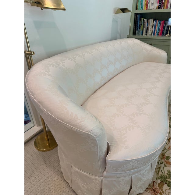 Vintage Curved Skirted Sofa Reupholstered in Ivory Silk Damask For Sale - Image 10 of 13