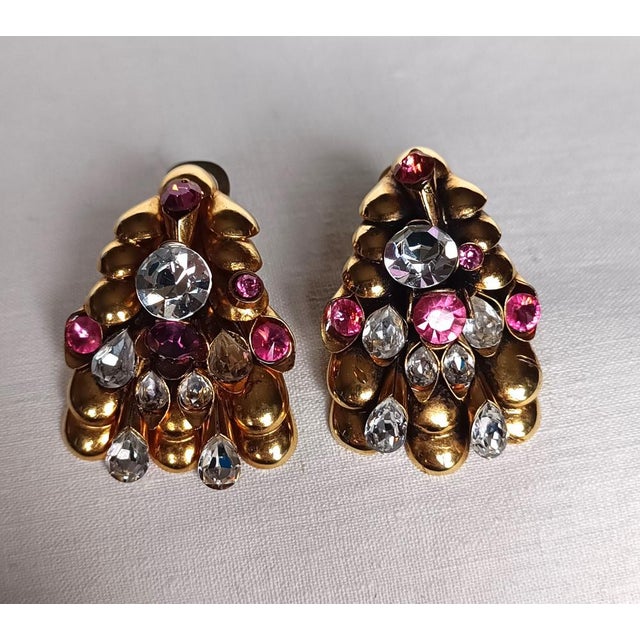 Clip-on Earrings in Brass and Rhinestone, 1980s, Set of 2 For Sale - Image 11 of 11