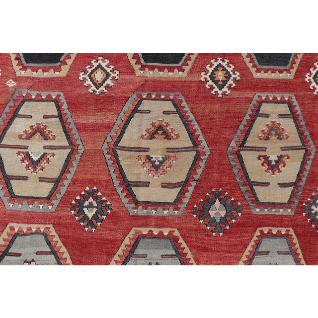 Antique Turkish Kilim Rug With Vibrant Hexagonal Motifs and Rich Red Background 8'8 X 12'2 For Sale In Atlanta - Image 6 of 11