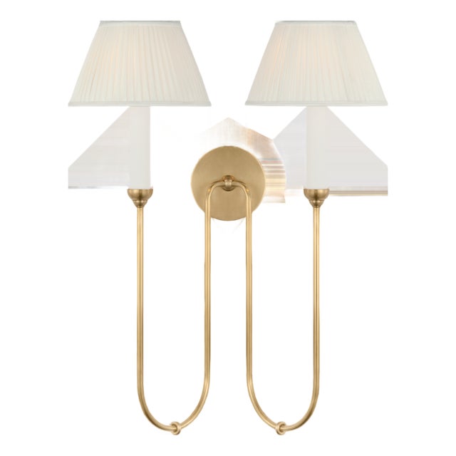 Amber Lewis for Visual Comfort Signature Ingela 24" Double Sconce in Hand-Rubbed Antique Brass with Silk Pleat Shades For Sale