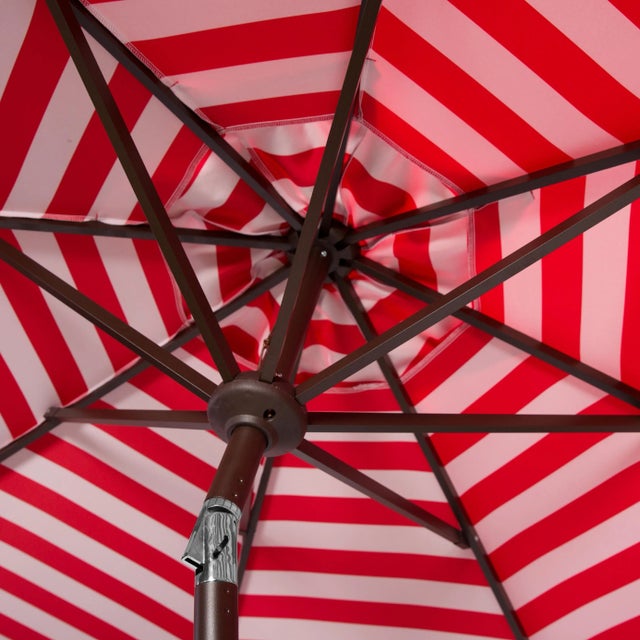 Modern Inside Out Stripe 9 Ft Crank Outdoor Auto Tilt Umbrella in Red & White For Sale - Image 3 of 4
