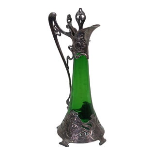 Antique Art Nouveau German WMF Green Glass Pewter Claret Pitcher Jug For Sale