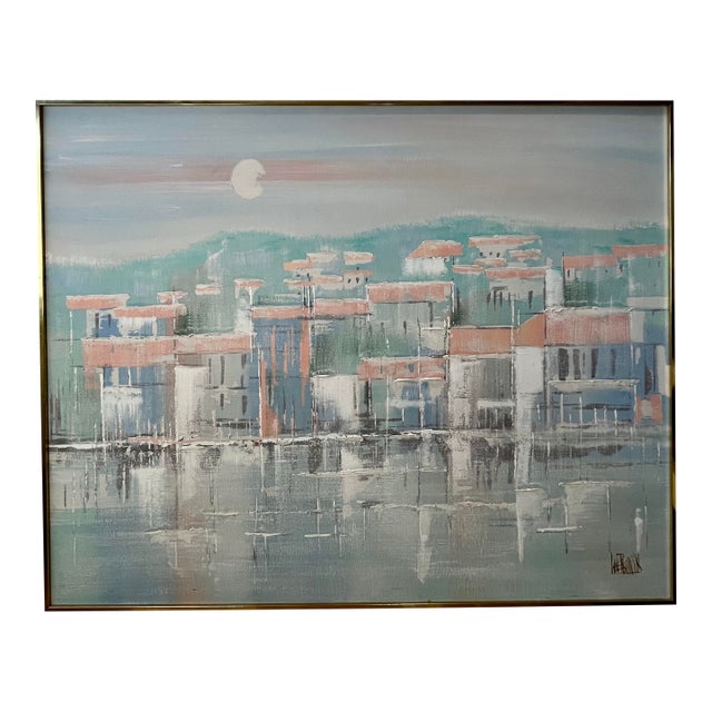 Large Signed Lee Reynolds Coastal Harbor Painting Original Brass Gallery Frame For Sale