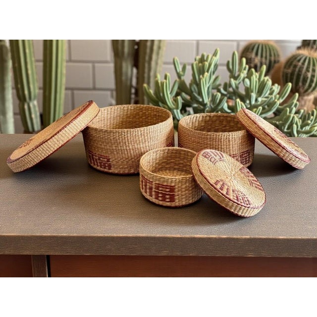 Tribal Vintage Woven Nesting Basket Set 3-Lidded Storage Boxes-Boho-Tribal-Southwest For Sale - Image 3 of 10
