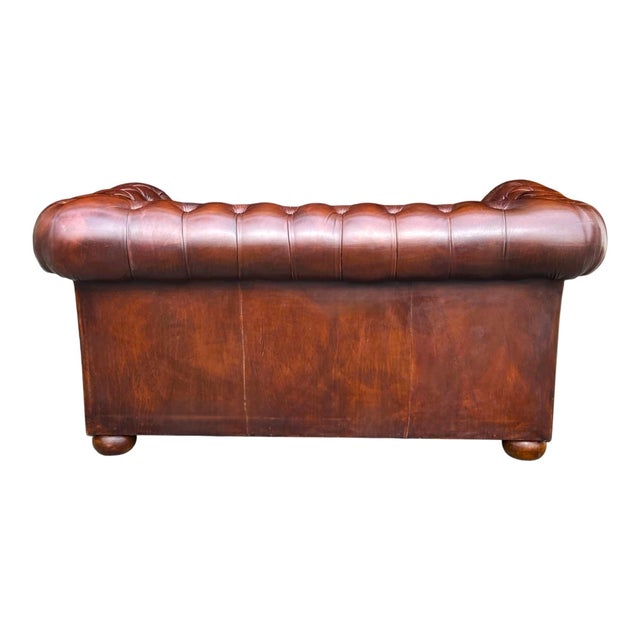 Chestnut English Love Seat Vintage Chesterfield Leather For Sale - Image 8 of 16