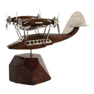 French Art Deco Wood and Chrome Airplane SeaPlane Aviation Model, 1940s