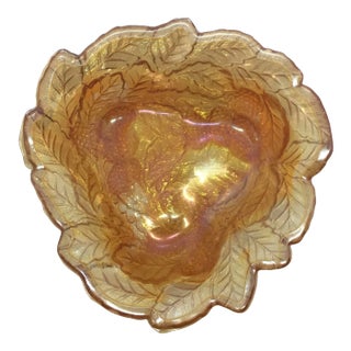 Mid Century Marigold Leaf Carnival Glass Candy Dish For Sale