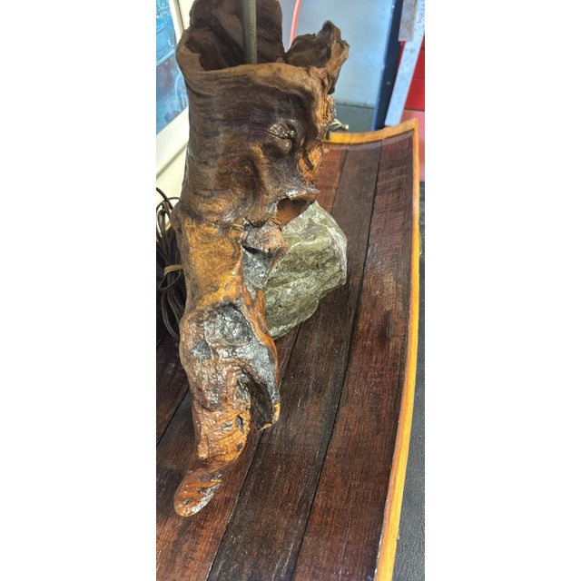 Large Mid-Century Studio Craft Burl Root & Unakite Stone Lamp With Organic Fiber Shade — 16” For Sale - Image 15 of 17