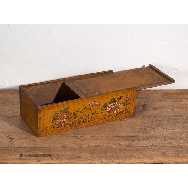 Antique Chinese Ochre Colored Box with Painted Lotus Flowers, 1900s For Sale - Image 3 of 9