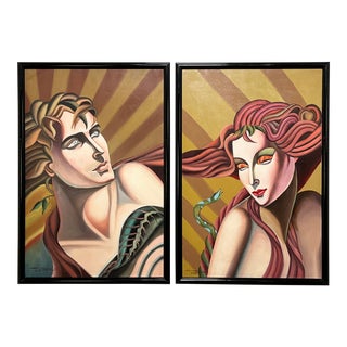 D. 1987 J. Collazzi Postmodern Deco Style Adam and Eve Diptych Paintings For Sale