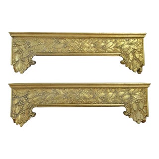 Custom Made Gold Leaf Carved Wood Hollywood Regency Window Cornice Boards- A Pair For Sale