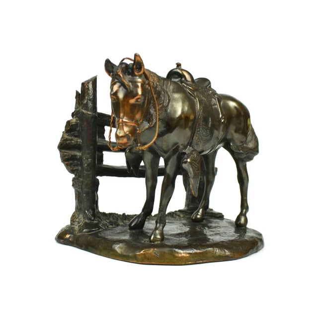 Mid 20th Century Mid 20th Century Solid Bronze Horse Standing by Fence Figurine Model For Sale - Image 5 of 10