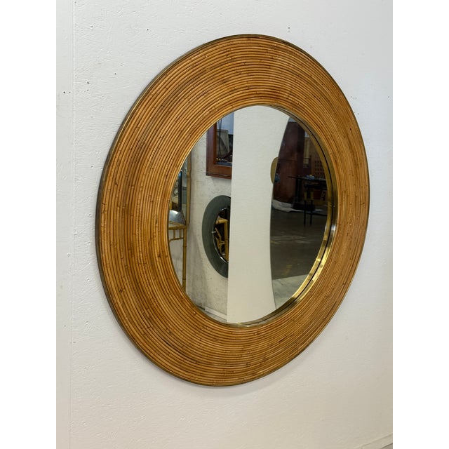 1960s Vintage Round Bamboo Mirror With Wide Frame For Sale - Image 5 of 8