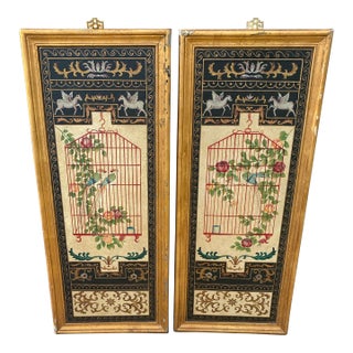 Neoclassical Vintage Painted Wall Panels With Birds, Gilded Frames For Sale