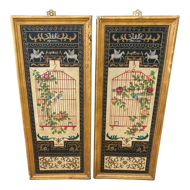 Neoclassical Vintage Painted Wall Panels With Birds, Gilded Frames For Sale