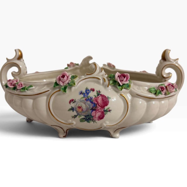 Vintage German Dresden Porcelain Rose Console Bowl For Sale - Image 9 of 15