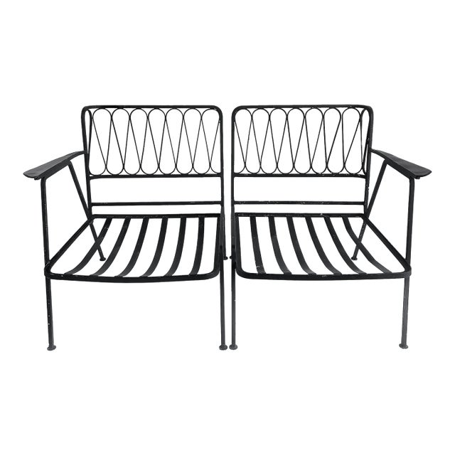 1950s Maurizio Tempestini Salterini Ribbon Back Wrought Iron Settee With New Cushions, Attributed For Sale