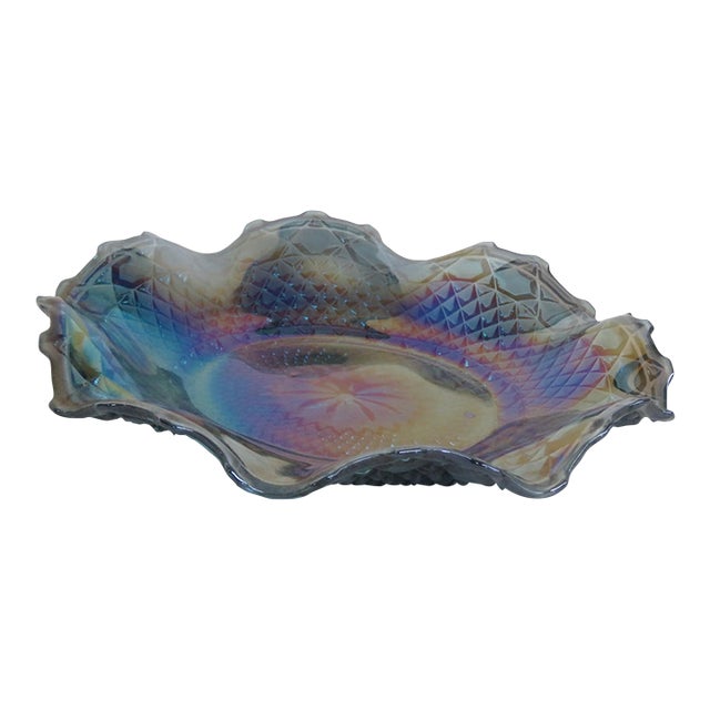 Mid 20th Century Indiana Carnival Glass Blue Iridescent Dish Shallow Bowl Ruffled Edge 4806b For Sale