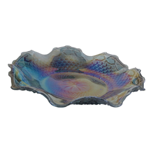 Mid 20th Century Indiana Carnival Glass Blue Iridescent Dish Shallow Bowl Ruffled Edge 4806b