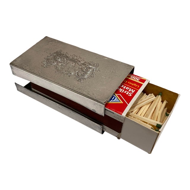 1950s English silverplate large matchbox cover. Elaborate heraldry on both sides and unmarked. The matchbox in the photos...