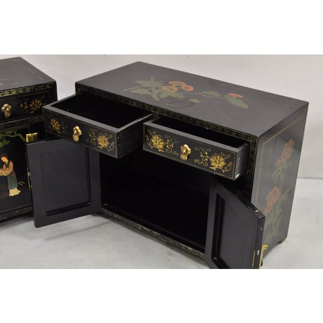 Vintage Chinese Small Asian Black Lacquer Painted Cabinets - a Pair For Sale - Image 10 of 12