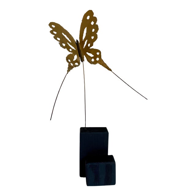 1970s Brutalist Torch Cut Butterfly Sculpture on Wood Base For Sale