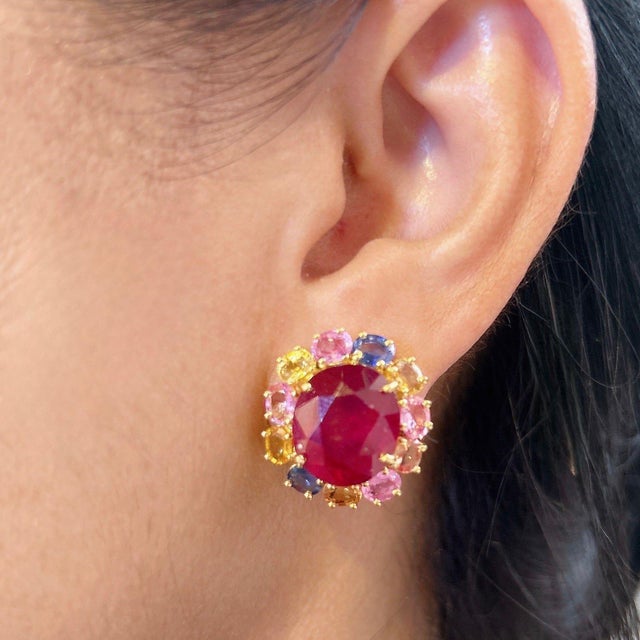 Bochic "Orient" Fancy Sapphire & Ruby Earrings Set 18K Gold&Silver For Sale - Image 4 of 18