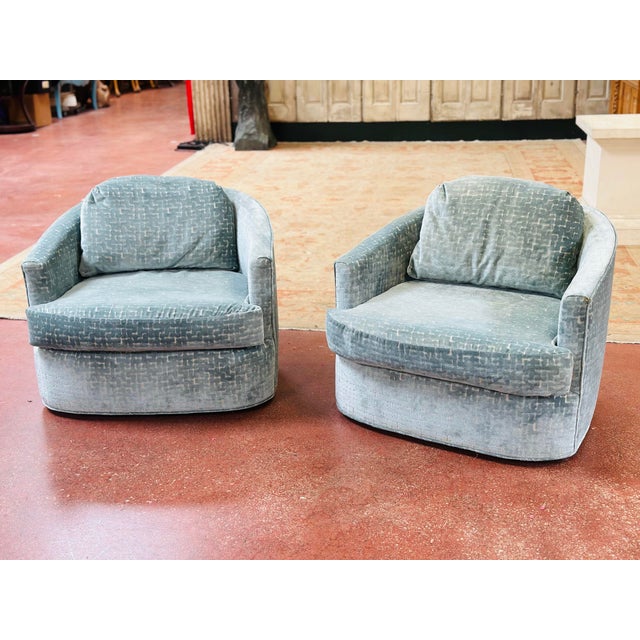 Robin's Egg Blue Vintage Barrel Back Swivel Chairs, Newly Reupholstered For Sale - Image 8 of 9