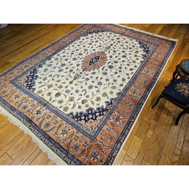 Vintage Tabriz Rug, Hand-Knotted Wool, Floral Medallion Pattern, Ivory & Terracotta, 9x13 For Sale - Image 11 of 13