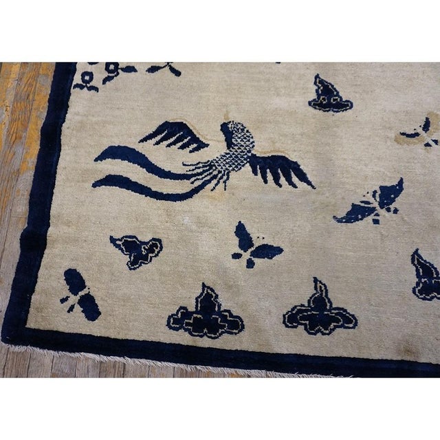 1920s Ivory Scenic Bird of Paradise Antique Chinese Bat Cloud Band Peking Rug For Sale - Image 4 of 11