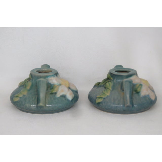 Roseville Pottery Clematis Ceil Blue Short Candlestick Holders 1158 2 a Pair 4688b For Sale - Image 15 of 16