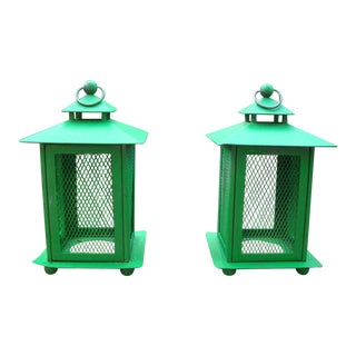 Rustic French Farmhouse Green Metal Lanterns For Sale