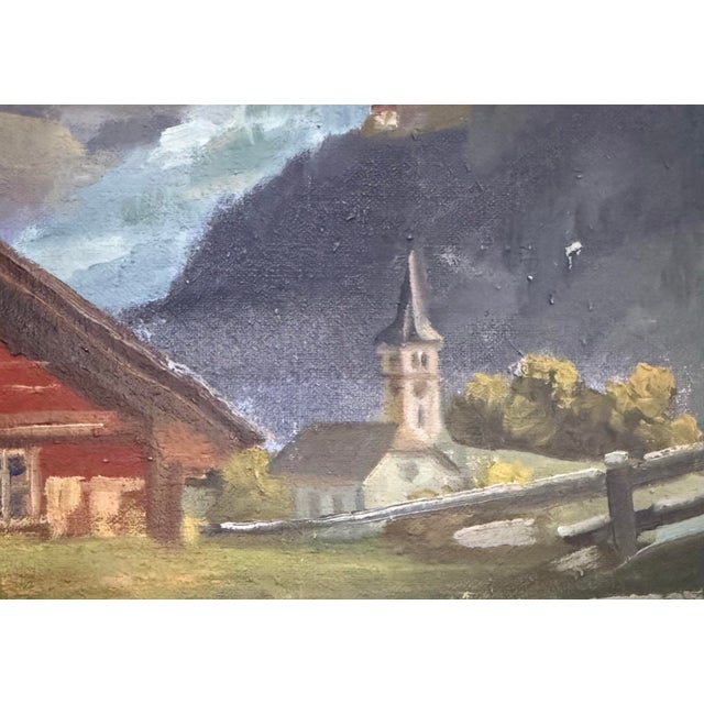 Teal Mid-Century Original European Alpine Village Oil Painting on Board For Sale - Image 8 of 11