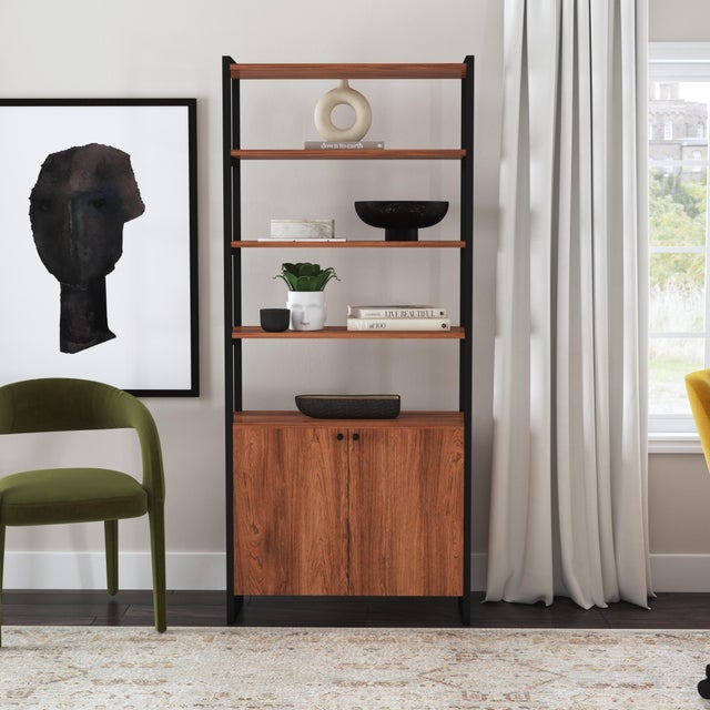 Made from rich veneered walnut and a black powder coated steel frame, the Drake 73" 2 Door bookcase brings a modern flair...