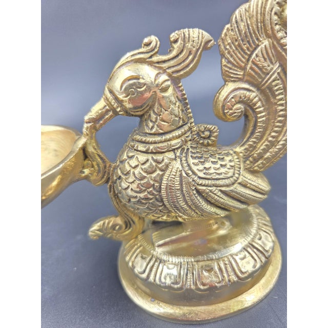 Vintage Mid-Century Solid Handcrafted Brass Peacock Diya- Oil Lamp For Sale - Image 13 of 18