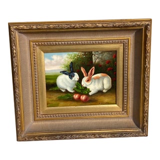 Bunny Rabbits With Radish Painting- Mid 20th C. For Sale