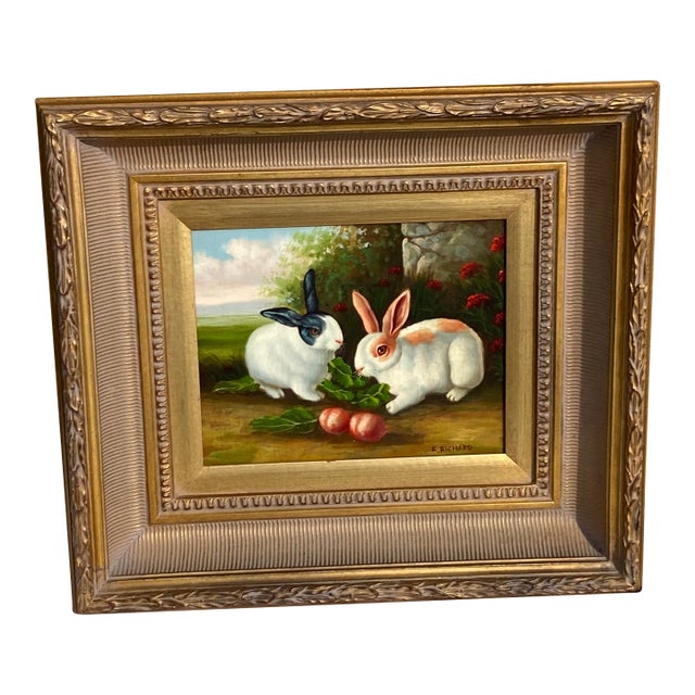 Bunny Rabbits With Radish Painting- Mid 20th C. For Sale