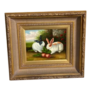 Bunny Rabbits With Radish Painting- Mid 20th C.