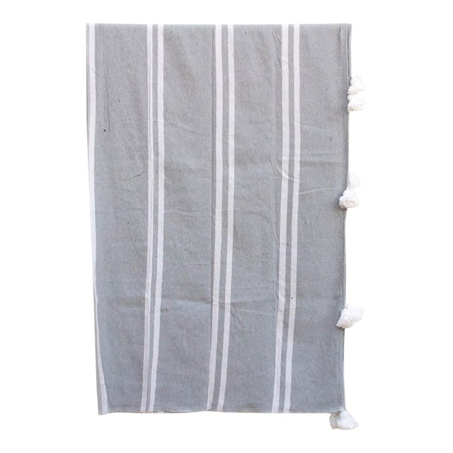Dove Grey Striped Moroccan Pom Pom Blanket For Sale