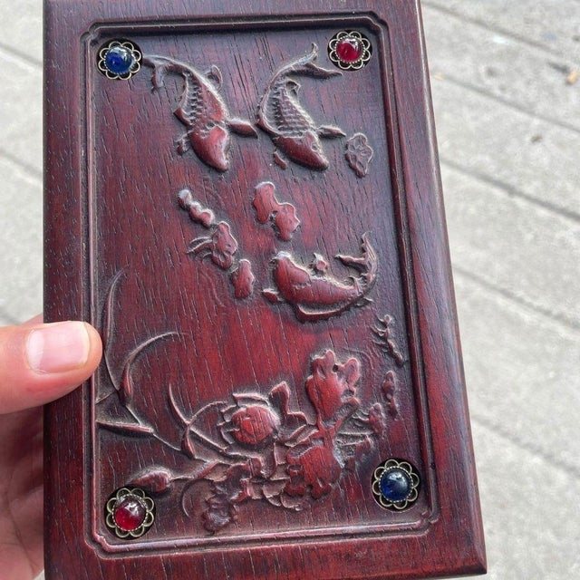 Chinese Vintage Chinese Carved Rosewood Box With Stone Inlays & Lotus Fish Motif - Jewelry/Keepsake Box For Sale - Image 3 of 9