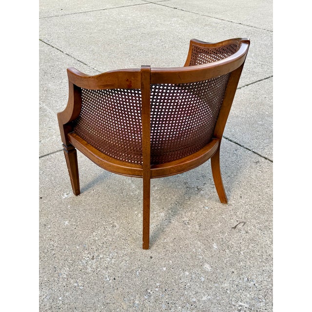 Vintage Mid-Century Modern Cane Barrel-Back Armchair | Hollywood Regency Neoclassical Revival | Tufted Pink Plaid Upholstery For Sale - Image 17 of 18