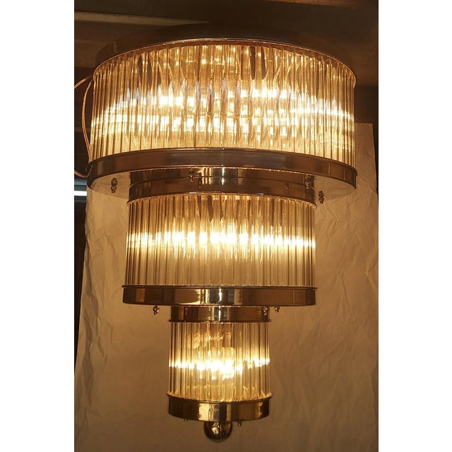 Large Size Rare Old Vintage Round Shape Three Tier Art Deco Skyscraper Nickel Brass & Glass Rod 12 Light Chandelier Lamp...