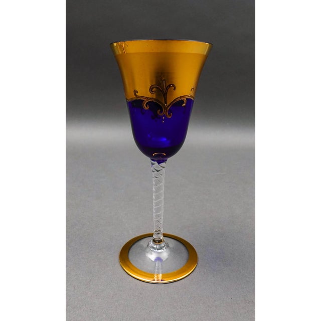 Glass Tre Fuochi Venetian Glass Cobalt Blue 24k Gold Wine Glasses Set of 6 For Sale - Image 7 of 11