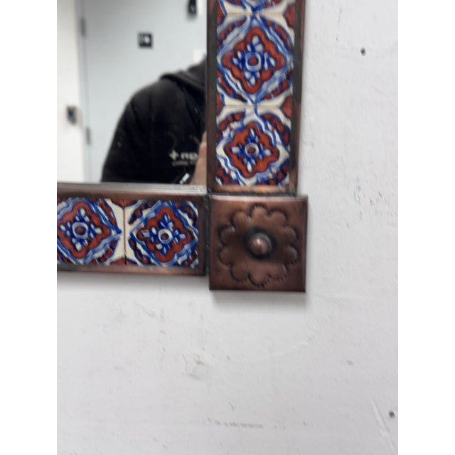 Early 21st Century Mexican Folk Art Handcrafted Embossed Tin + Hand Painted Tile Mirror For Sale - Image 5 of 12