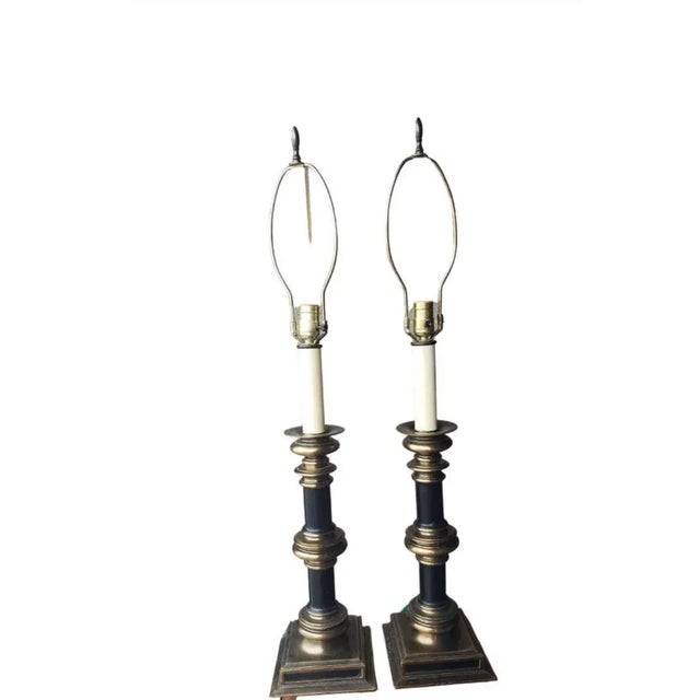 Metal Charles X Style Leather and Patinated Metal Table Lamps, a Pair For Sale - Image 7 of 9