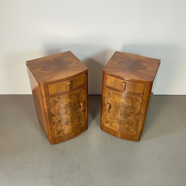 Pair of Art Deco walnut burr bedside tables. In good vintage condition, with some wear to be expected with age and use;...