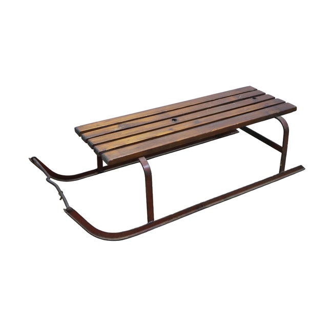 Mid-Century Modern Mid Century Slatted Oak & Iron Snow Sled Sleigh Pull Tow Toboggan Sledge 34" For Sale - Image 3 of 18