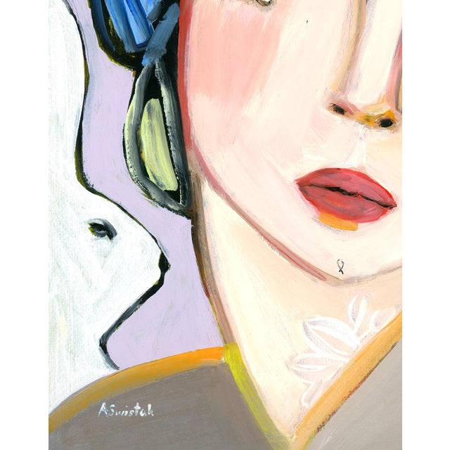 Textile Girl With Rabbit, Abstract Cubist Portrait Oil Painting, Signed For Sale - Image 7 of 7